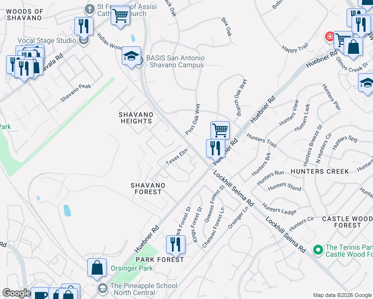 map of restaurants, bars, coffee shops, grocery stores, and more near 3838 Lockhill Selma Road in San Antonio