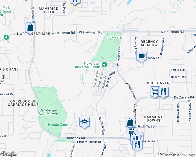 map of restaurants, bars, coffee shops, grocery stores, and more near 12839 Berthoud Lane in San Antonio