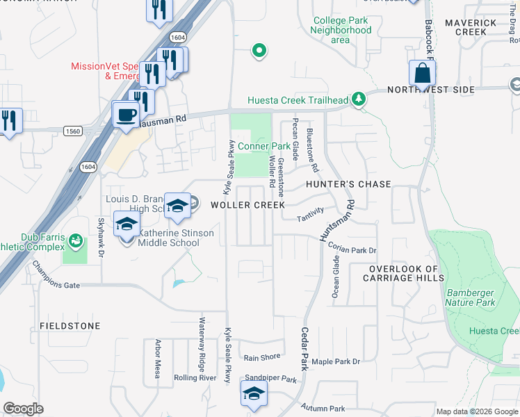 map of restaurants, bars, coffee shops, grocery stores, and more near 13034 Woller Creek in San Antonio