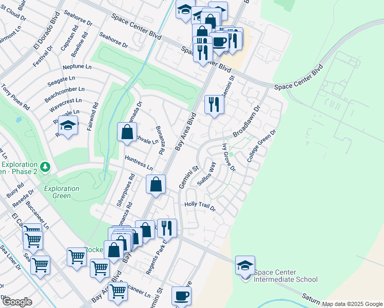 map of restaurants, bars, coffee shops, grocery stores, and more near 1900 Bay Area Boulevard in Houston