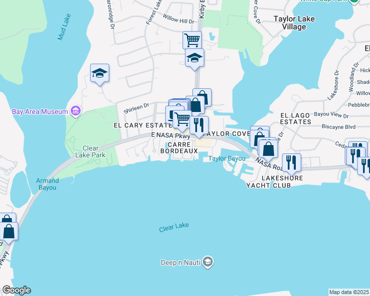 map of restaurants, bars, coffee shops, grocery stores, and more near 4601 NASA Road 1 in Seabrook