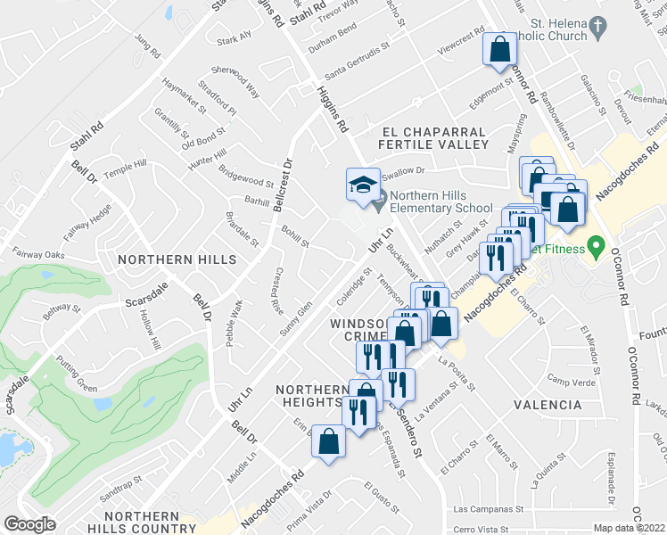map of restaurants, bars, coffee shops, grocery stores, and more near 4827 Bohill Street in San Antonio