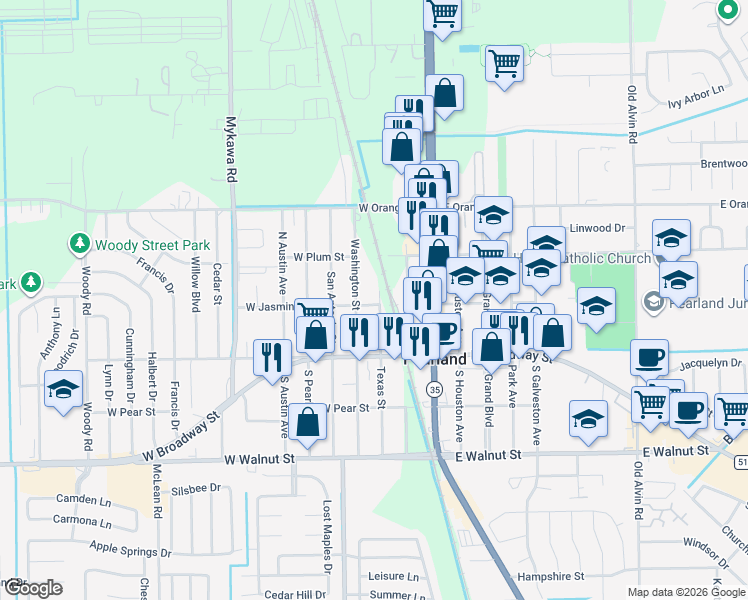 map of restaurants, bars, coffee shops, grocery stores, and more near 2225 North Washington Avenue in Pearland
