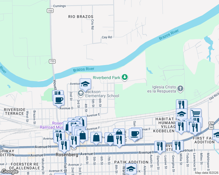 map of restaurants, bars, coffee shops, grocery stores, and more near 2419 Avenue A in Rosenberg