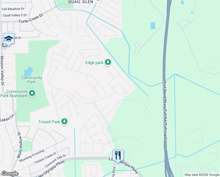 map of restaurants, bars, coffee shops, grocery stores, and more near Unnamed Road in Missouri City