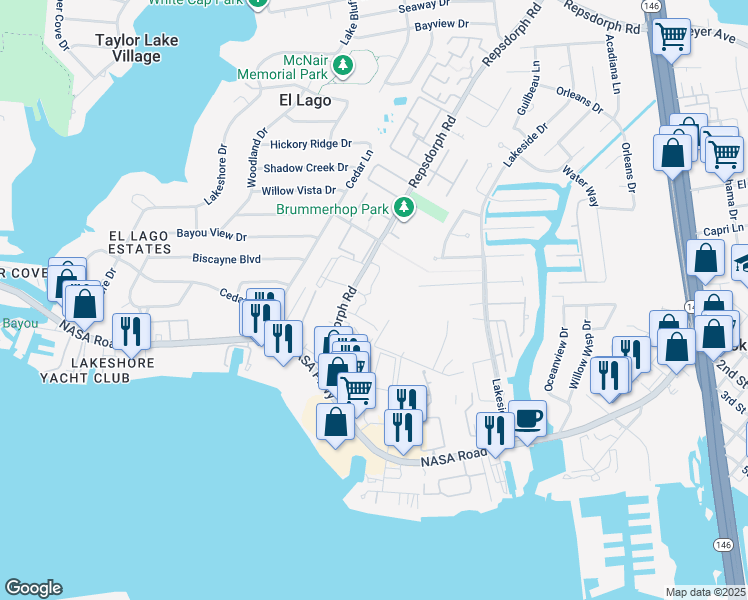 map of restaurants, bars, coffee shops, grocery stores, and more near 2300 Repsdorph Road in Seabrook