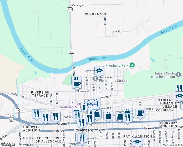 map of restaurants, bars, coffee shops, grocery stores, and more near 200 4th Street in Rosenberg