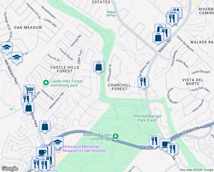 map of restaurants, bars, coffee shops, grocery stores, and more near 13239 Shorecliff Street in San Antonio