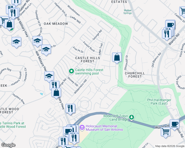 map of restaurants, bars, coffee shops, grocery stores, and more near 2270 Regency Point in San Antonio