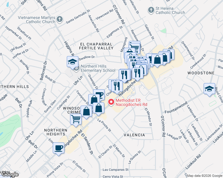 map of restaurants, bars, coffee shops, grocery stores, and more near 4965 Champlain in San Antonio