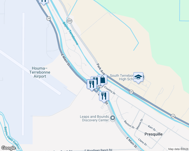 map of restaurants, bars, coffee shops, grocery stores, and more near 10387-10699 E Park Ave in Houma