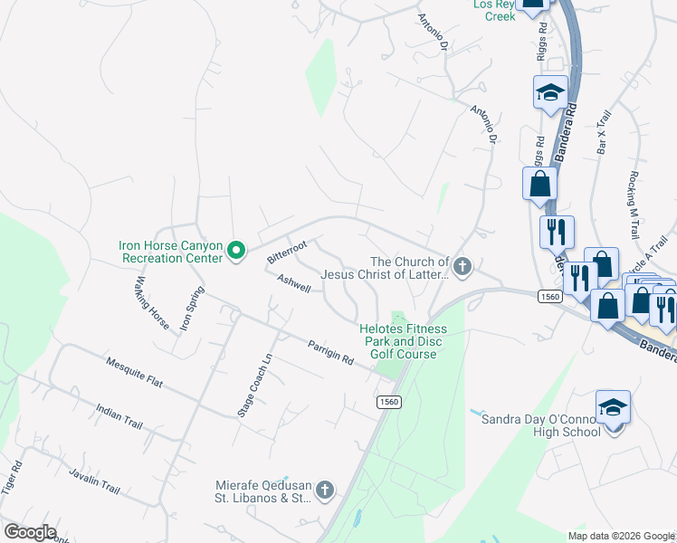 map of restaurants, bars, coffee shops, grocery stores, and more near 13119 Five Brooks in Helotes