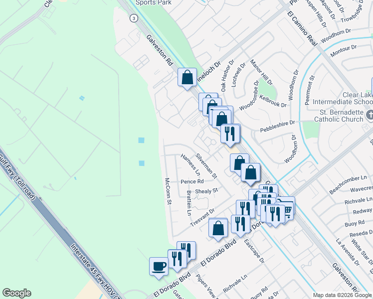 map of restaurants, bars, coffee shops, grocery stores, and more near 431 Merriweather Street in Webster