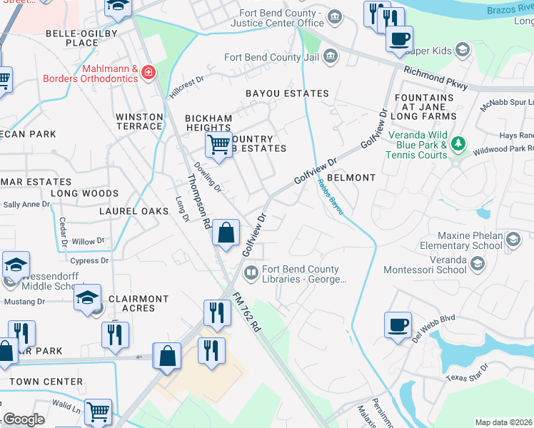 map of restaurants, bars, coffee shops, grocery stores, and more near 2202 Cherry Hill Court in Richmond