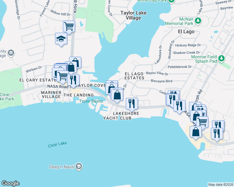 map of restaurants, bars, coffee shops, grocery stores, and more near 107 Lakeshore Drive in Seabrook