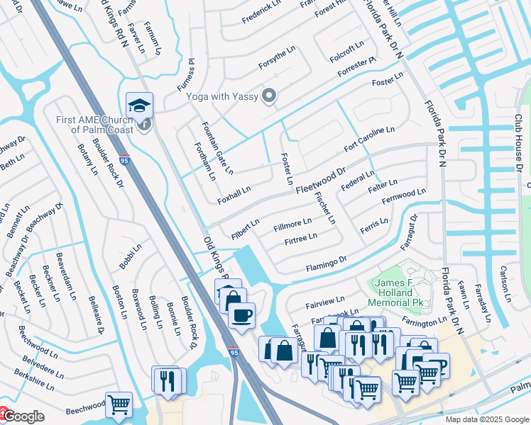 map of restaurants, bars, coffee shops, grocery stores, and more near 25 Filbert Lane in Palm Coast