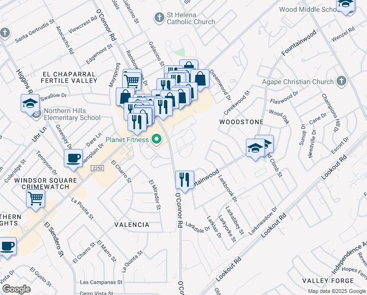 map of restaurants, bars, coffee shops, grocery stores, and more near 13658 O'Connor Road in San Antonio