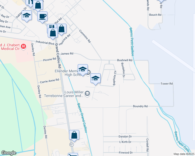 map of restaurants, bars, coffee shops, grocery stores, and more near 3051 Patriot Drive in Houma