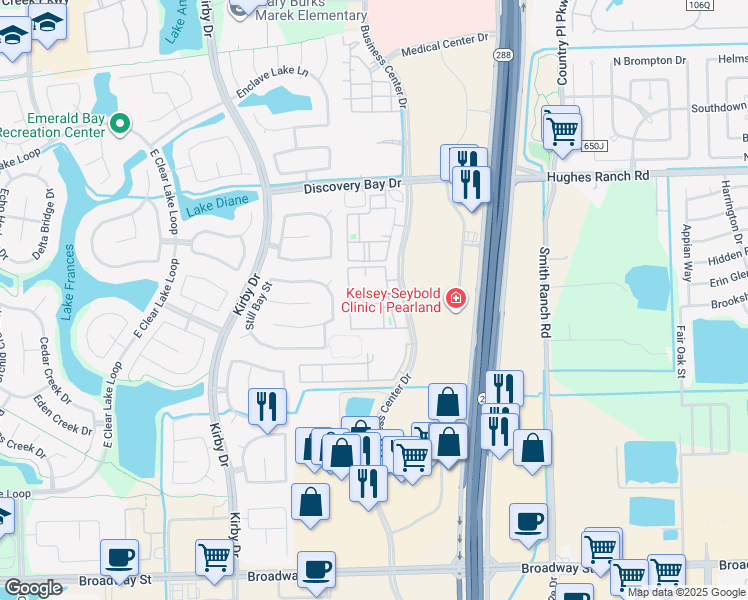 map of restaurants, bars, coffee shops, grocery stores, and more near 2500 Business Center Drive in Pearland