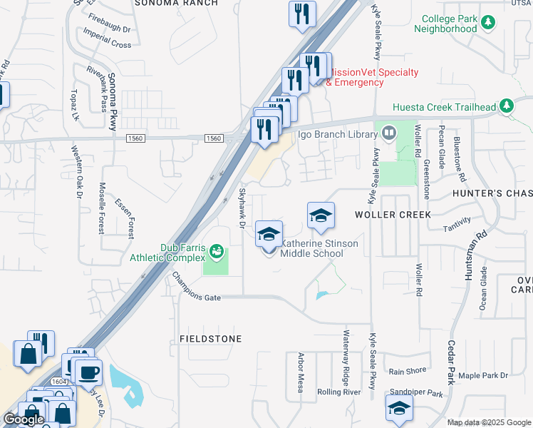 map of restaurants, bars, coffee shops, grocery stores, and more near 8405 Flanagan Street in San Antonio