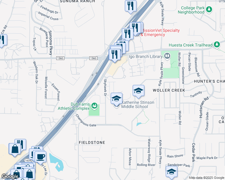 map of restaurants, bars, coffee shops, grocery stores, and more near 8405 Flanagan Street in San Antonio