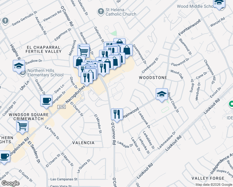 map of restaurants, bars, coffee shops, grocery stores, and more near 13658 O'Connor Road in San Antonio