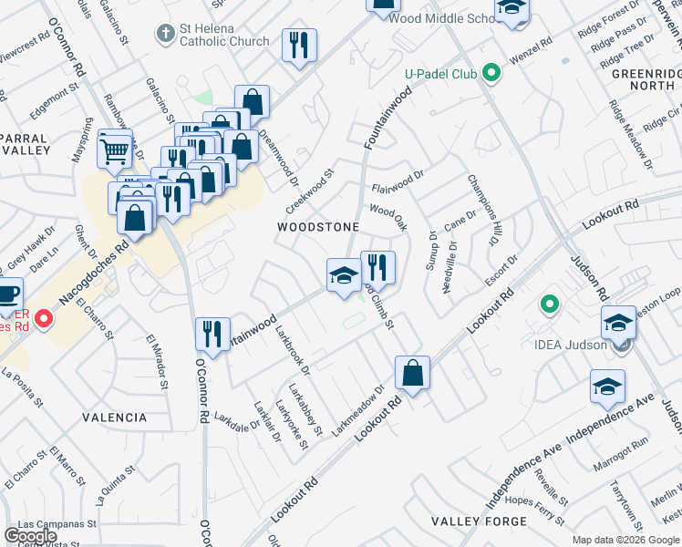 map of restaurants, bars, coffee shops, grocery stores, and more near 5635 Fountainwood in San Antonio