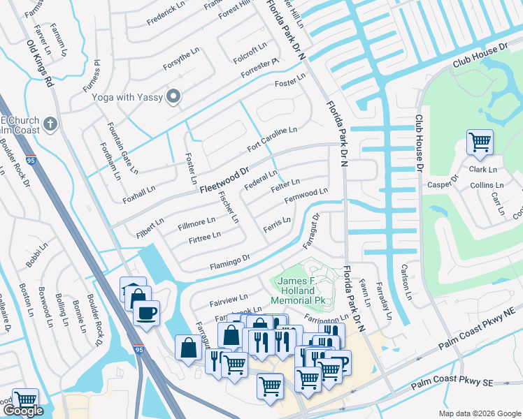 map of restaurants, bars, coffee shops, grocery stores, and more near 36 Felter Lane in Palm Coast