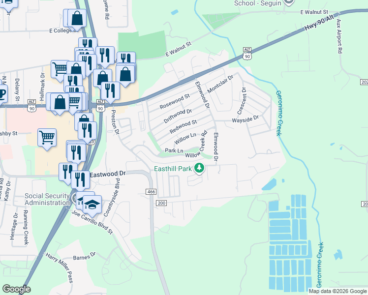 map of restaurants, bars, coffee shops, grocery stores, and more near 1634 Willow Lane in Seguin