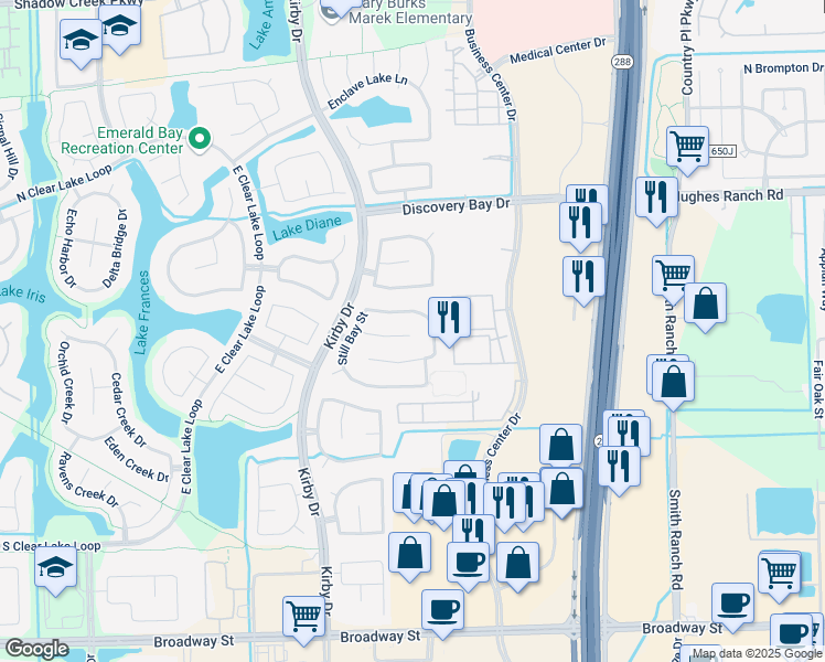 map of restaurants, bars, coffee shops, grocery stores, and more near 11303 Softbreeze Court in Pearland