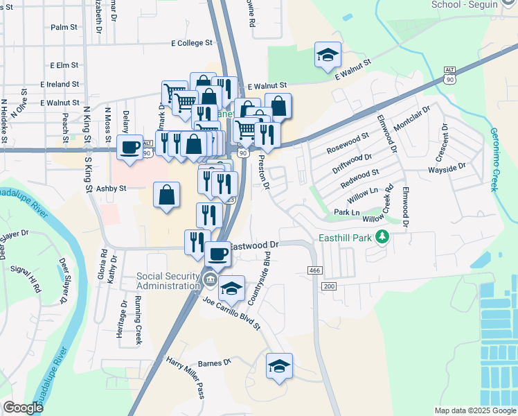 map of restaurants, bars, coffee shops, grocery stores, and more near 226 Preston Drive in Seguin