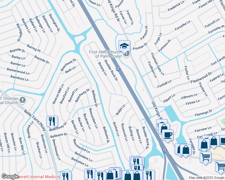 map of restaurants, bars, coffee shops, grocery stores, and more near 3 Botany Lane in Palm Coast