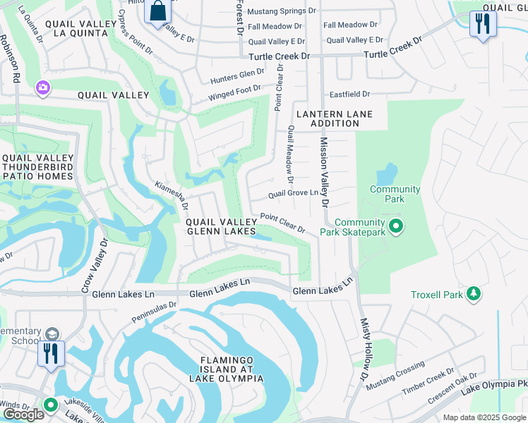map of restaurants, bars, coffee shops, grocery stores, and more near 3911 Point Clear Drive in Missouri City
