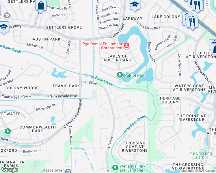 map of restaurants, bars, coffee shops, grocery stores, and more near 3802 Diamond Point Lane in Sugar Land