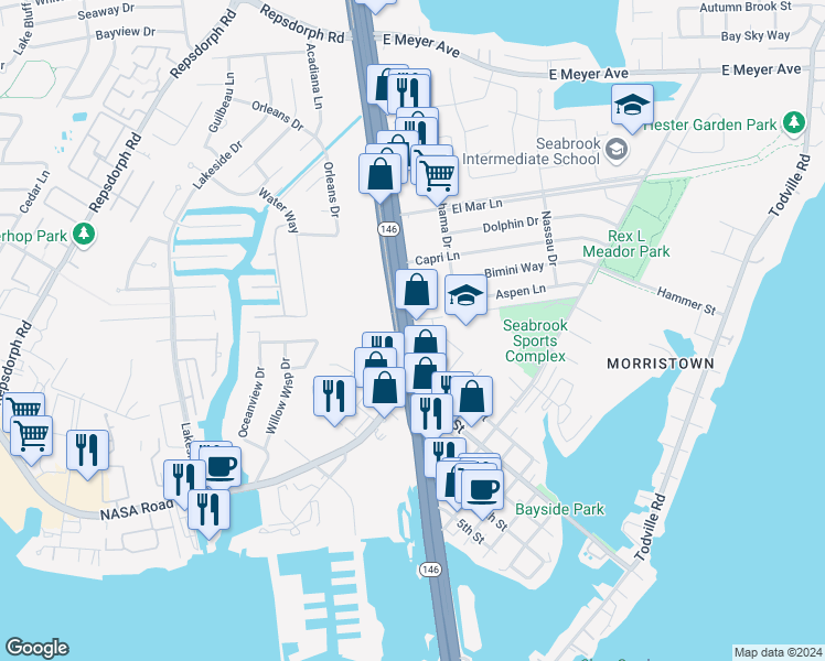 map of restaurants, bars, coffee shops, grocery stores, and more near Delabrook in Seabrook