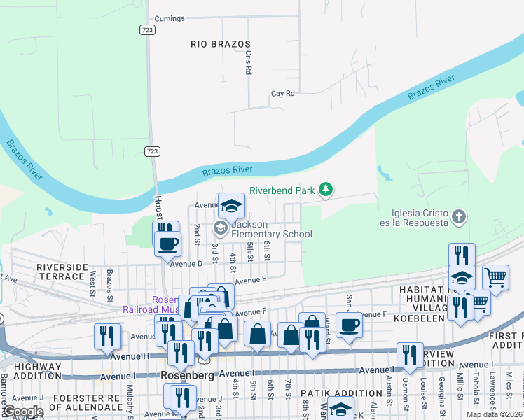 map of restaurants, bars, coffee shops, grocery stores, and more near 2307 Avenue A in Rosenberg