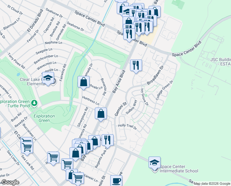 map of restaurants, bars, coffee shops, grocery stores, and more near 1908 Bay Area Boulevard in Houston