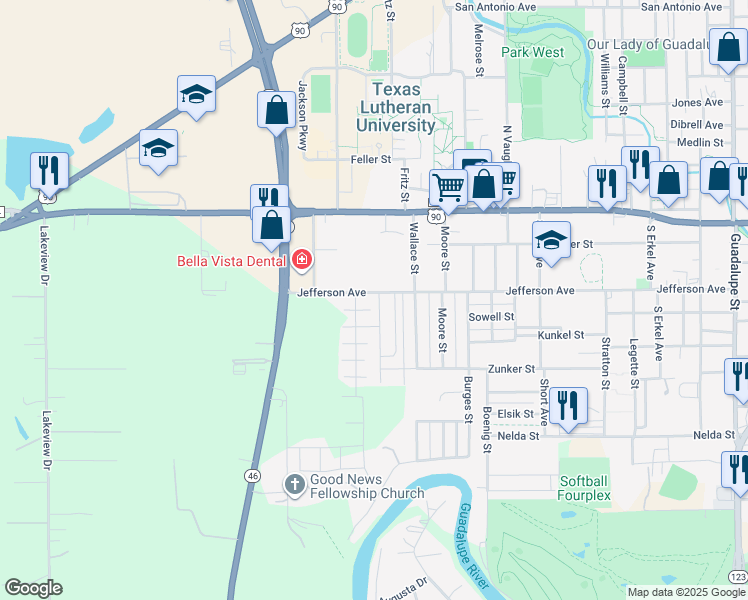 map of restaurants, bars, coffee shops, grocery stores, and more near 1240 Jefferson Avenue in Seguin