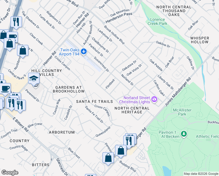 map of restaurants, bars, coffee shops, grocery stores, and more near 1822 Flintbed in San Antonio