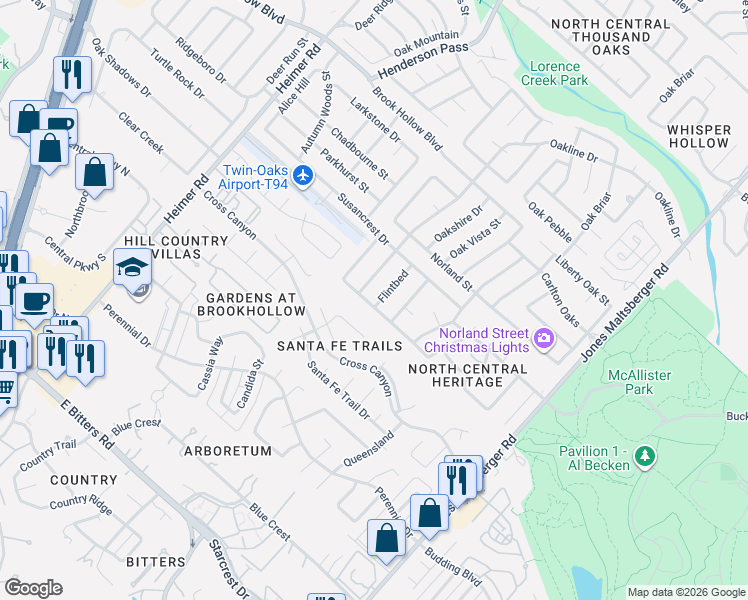 map of restaurants, bars, coffee shops, grocery stores, and more near 1804 Oakline Drive in San Antonio