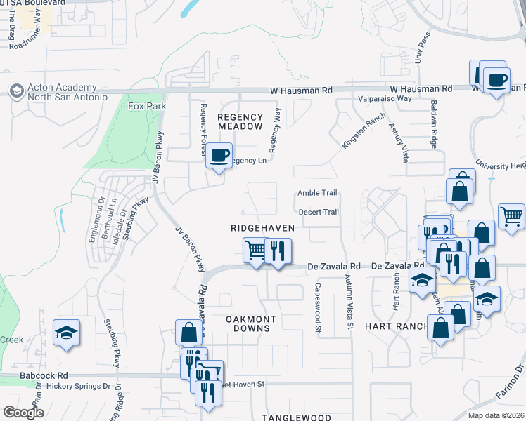 map of restaurants, bars, coffee shops, grocery stores, and more near 13006 Bristlewood in San Antonio