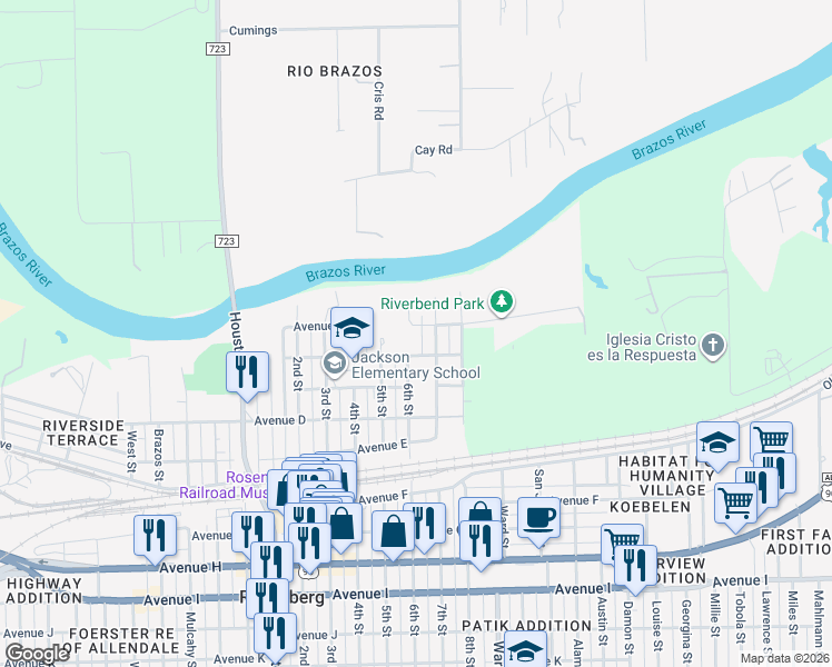 map of restaurants, bars, coffee shops, grocery stores, and more near 2307 Avenue A in Rosenberg