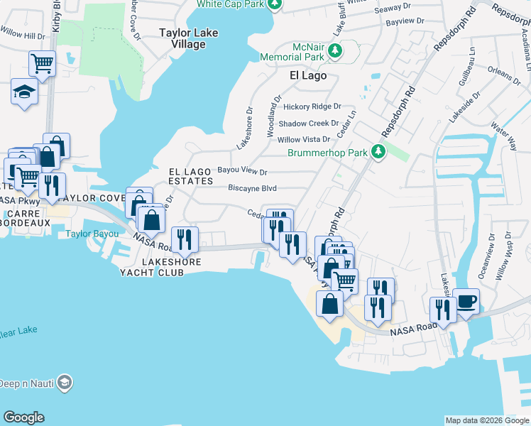 map of restaurants, bars, coffee shops, grocery stores, and more near 407 Terrace Drive in El Lago