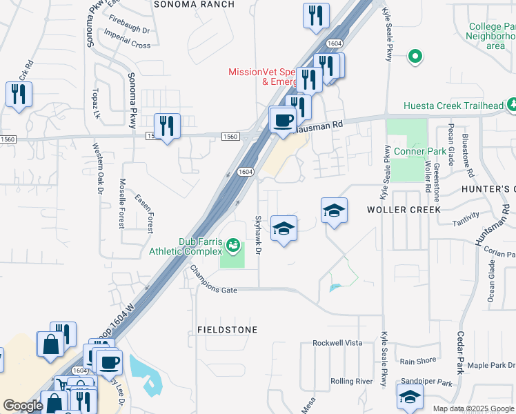 map of restaurants, bars, coffee shops, grocery stores, and more near 13289 Skyhawk Drive in San Antonio
