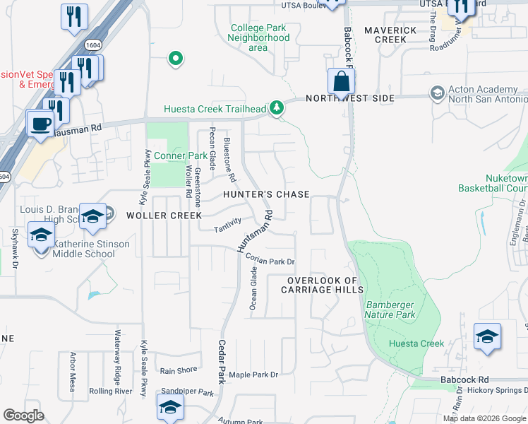 map of restaurants, bars, coffee shops, grocery stores, and more near 13223 Huntsman Road in San Antonio
