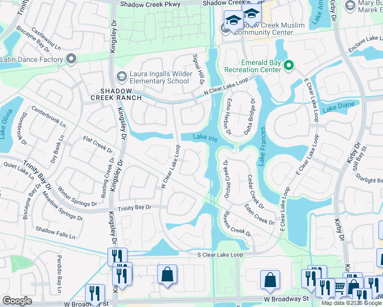 map of restaurants, bars, coffee shops, grocery stores, and more near 12305 Bayfront Court in Pearland