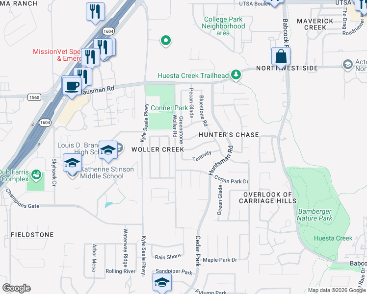 map of restaurants, bars, coffee shops, grocery stores, and more near 7550 Tantara Court in San Antonio