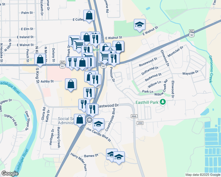 map of restaurants, bars, coffee shops, grocery stores, and more near 226 Preston Drive in Seguin