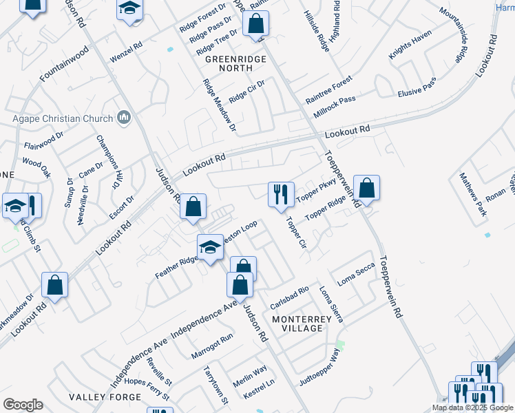 map of restaurants, bars, coffee shops, grocery stores, and more near 13715 Topper Circle in San Antonio