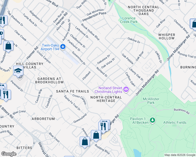 map of restaurants, bars, coffee shops, grocery stores, and more near 13822 Susancrest Drive in San Antonio